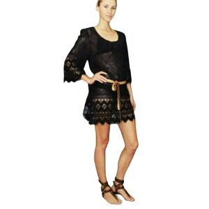 Revolve Eberjey Black Crochet Leather Belt Coverup Dress Size S/M
